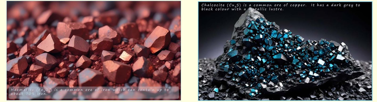 Haematite is a common ore of iron which can contain up to about 70% iron and chalcocite is an ore of copper.